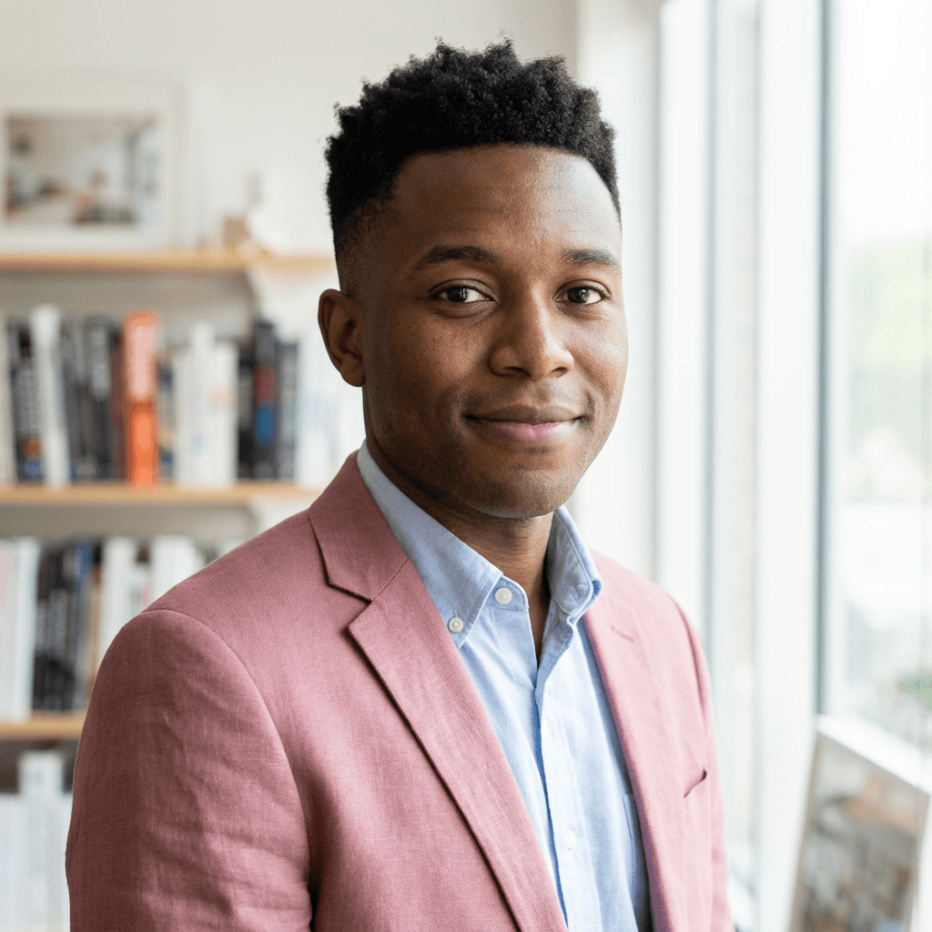 Male customer in his late 20s, Black, happy and straightforward, modern casual style