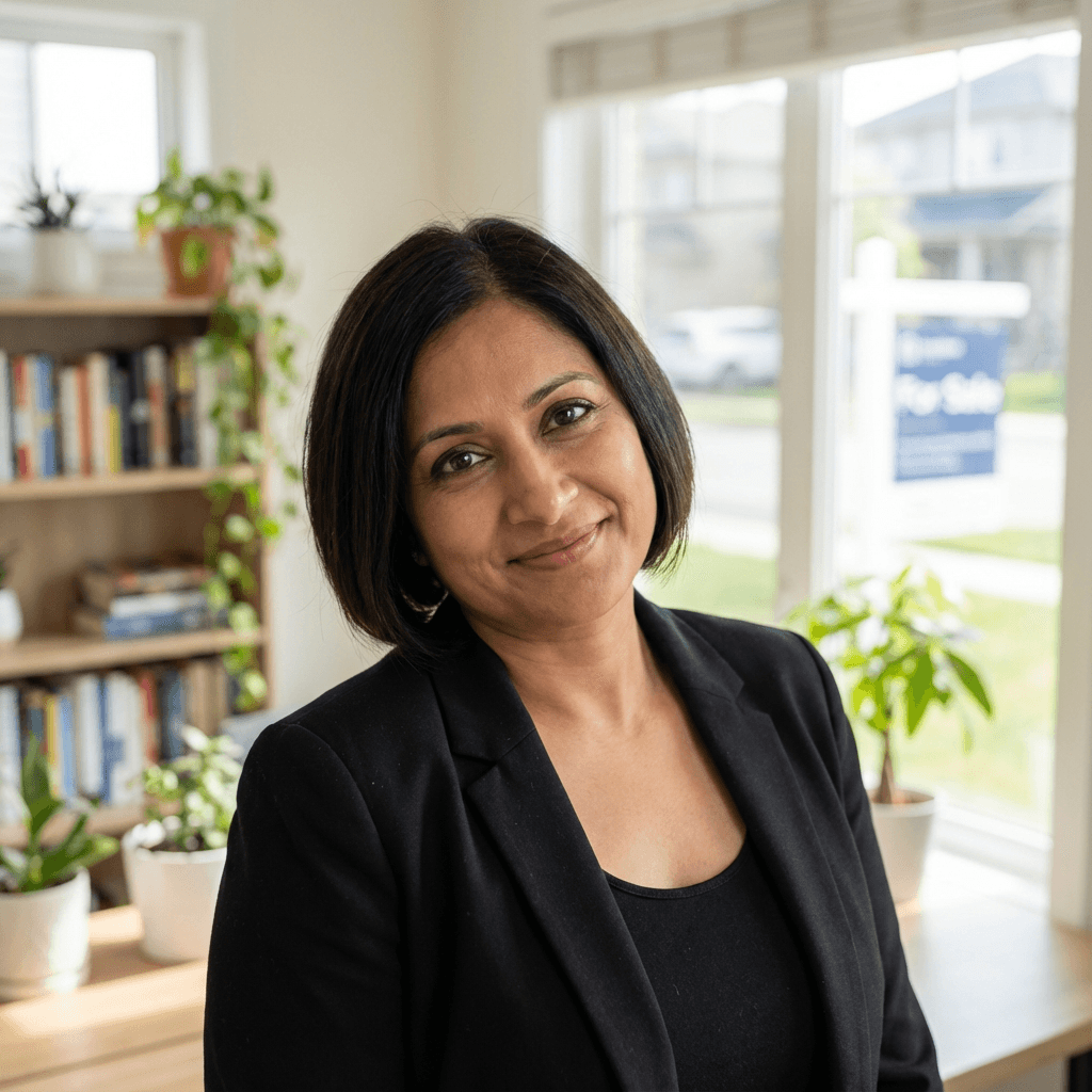 Aisha Rahman standing in a bright modern kitchen