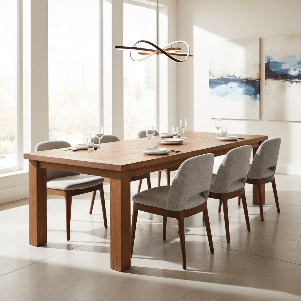 Solid oak dining table and upholstered chairs in a bright dining room