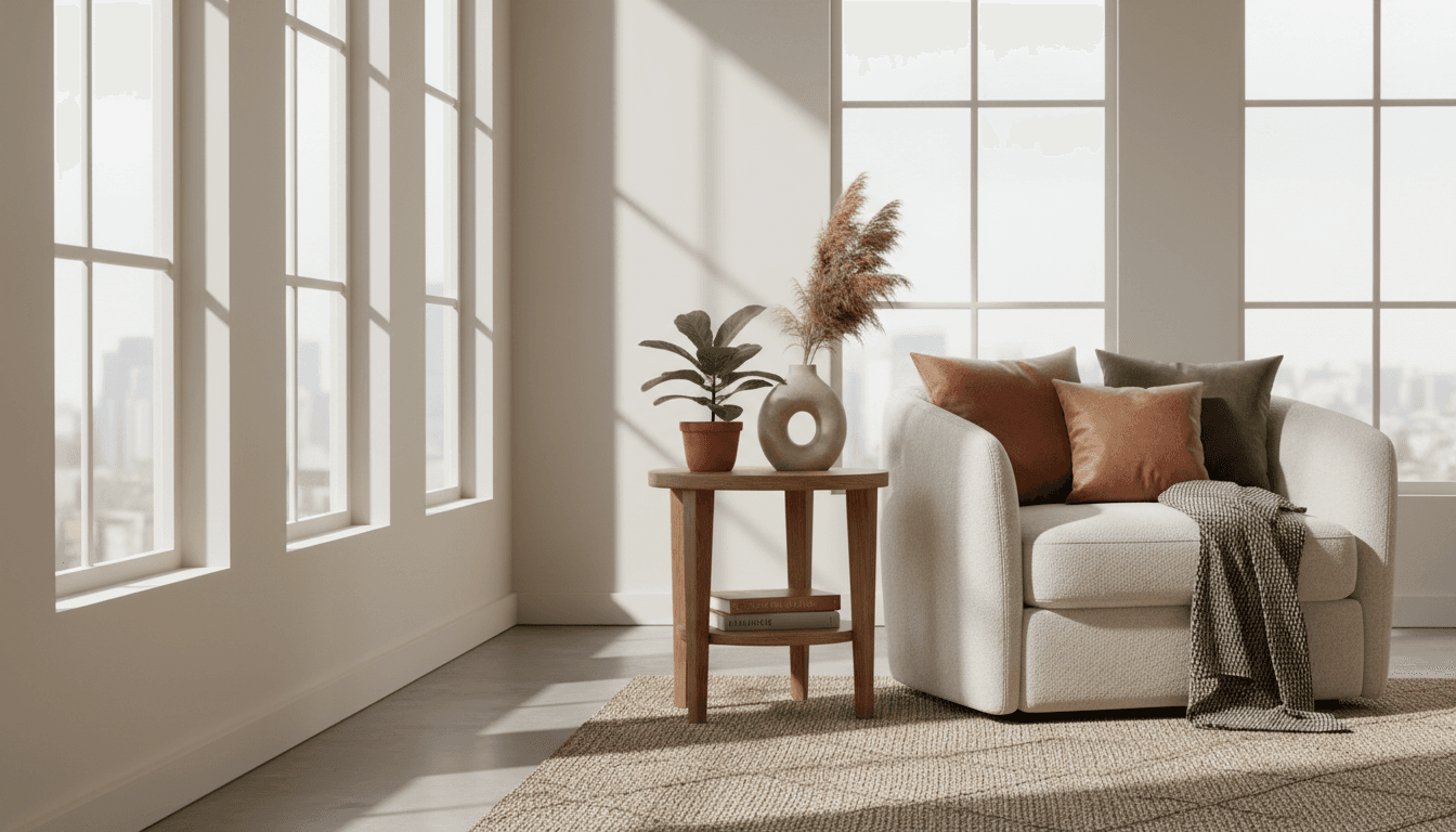 Cozy living room corner with armchair, throw pillows, and ceramic vase