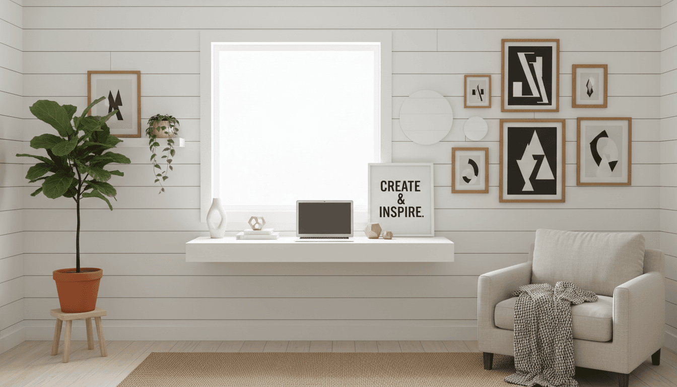 Styled bookshelf with framed prints and small plants in a living room
