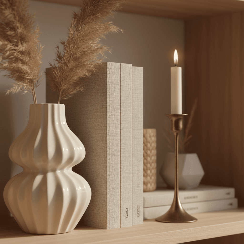 Styled bookshelf with ceramics and art prints in the showroom