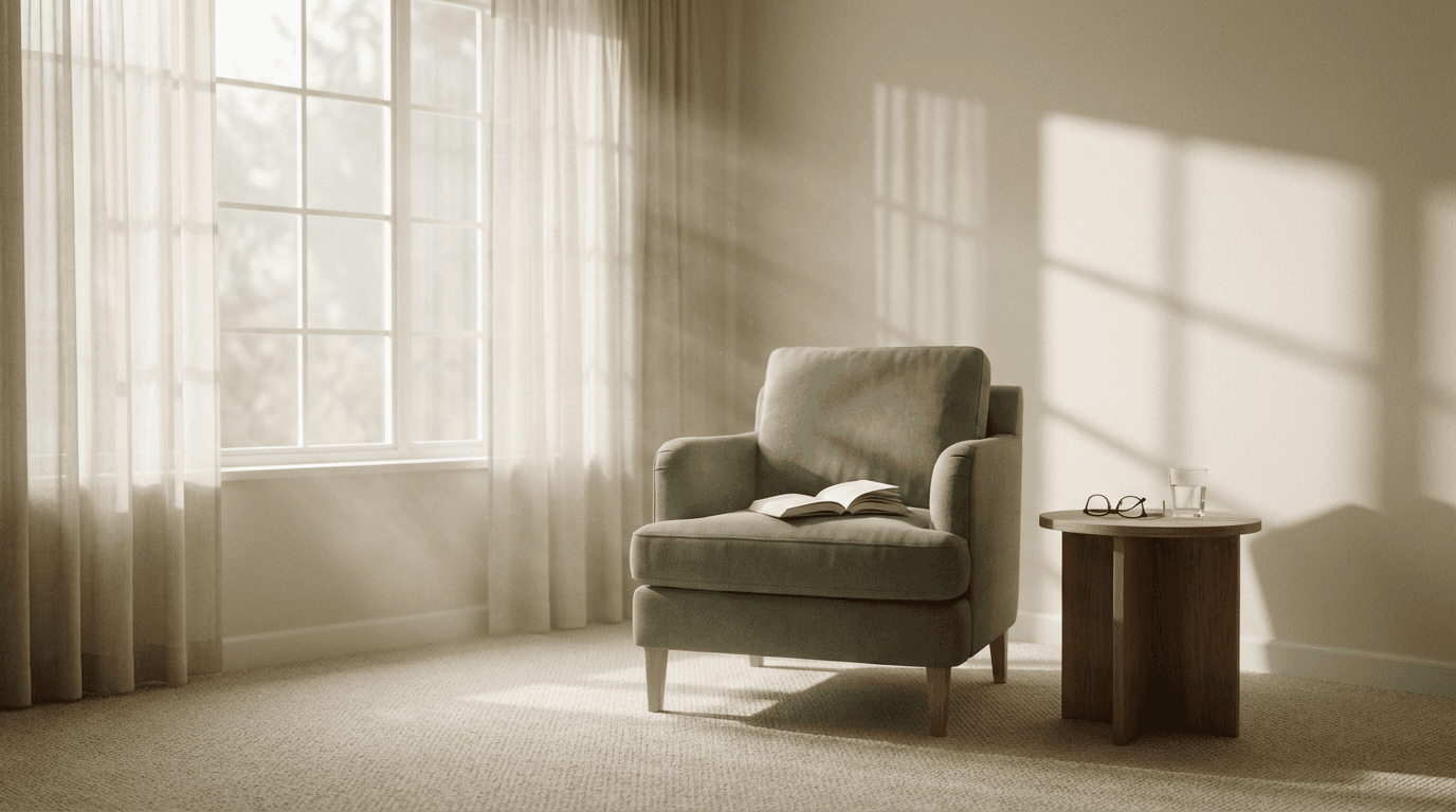 Warmly styled living room interior with sofa and décor