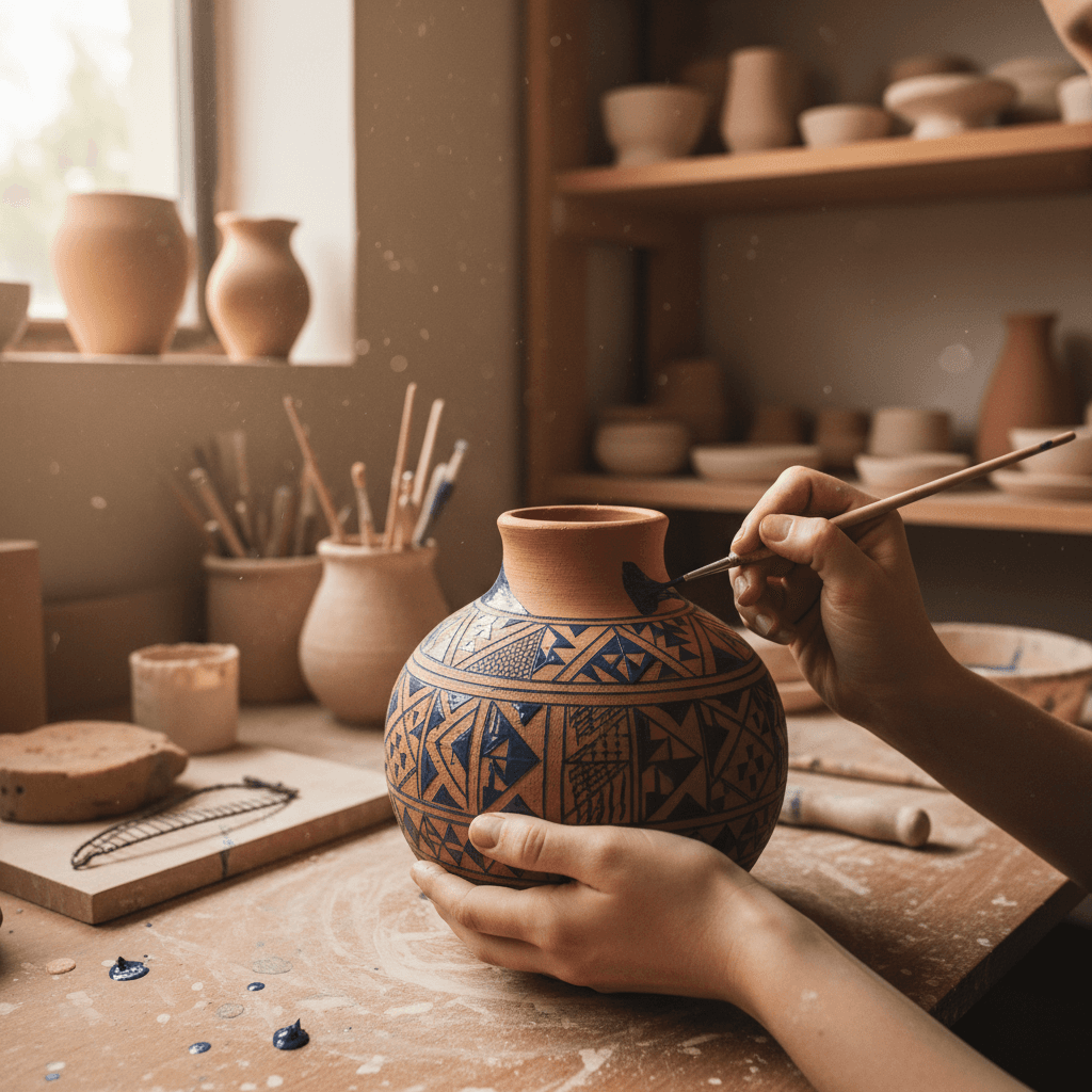 Hands wrapping a ceramic lamp base in protective kraft paper