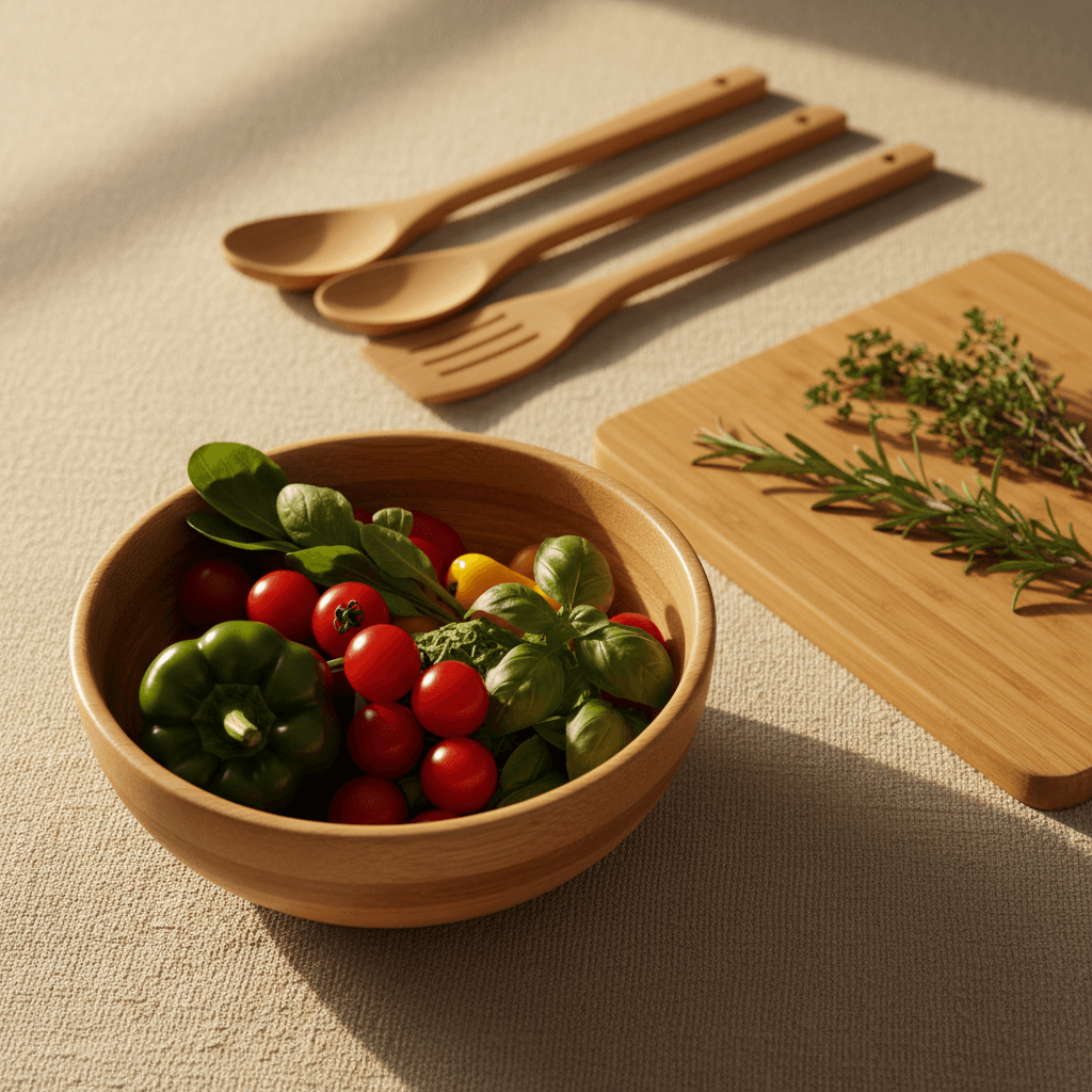 Woven basket and wooden bowl with visible natural grain