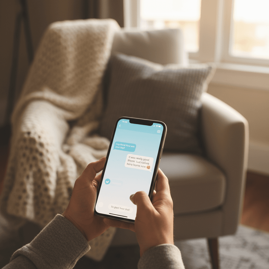 Hands holding a phone with a messaging app open in a shop