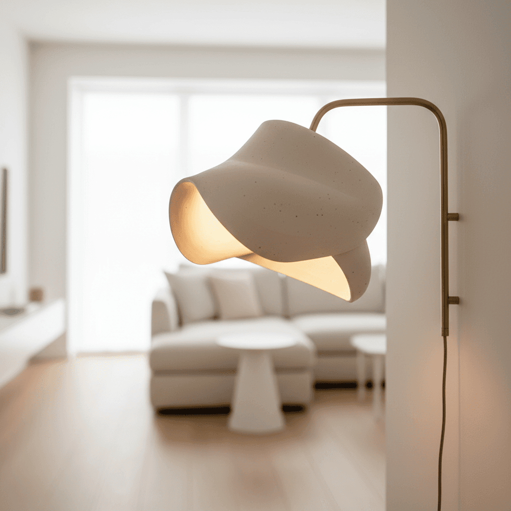 Minimalist ceramic table lamp with linen shade on a sideboard