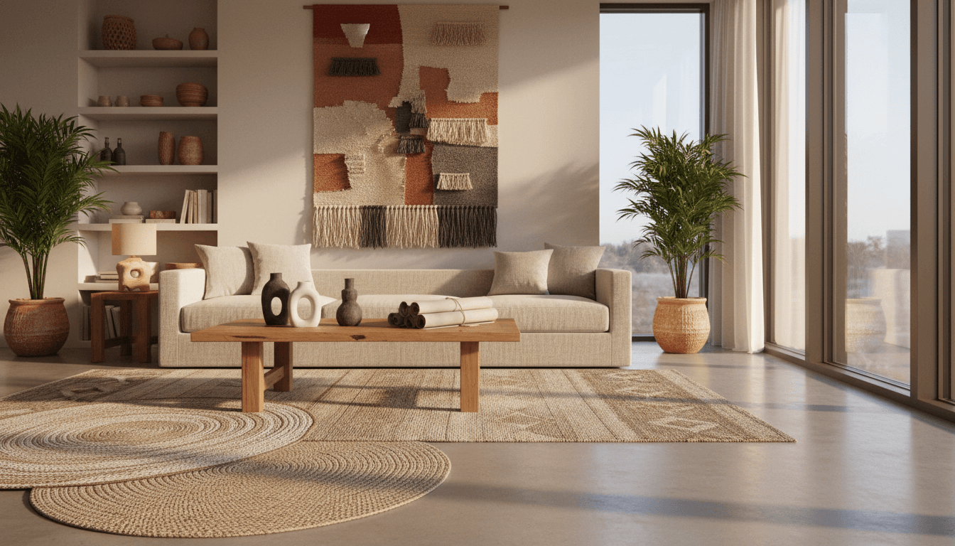 Cozy styled living room corner with textured cushions and décor items
