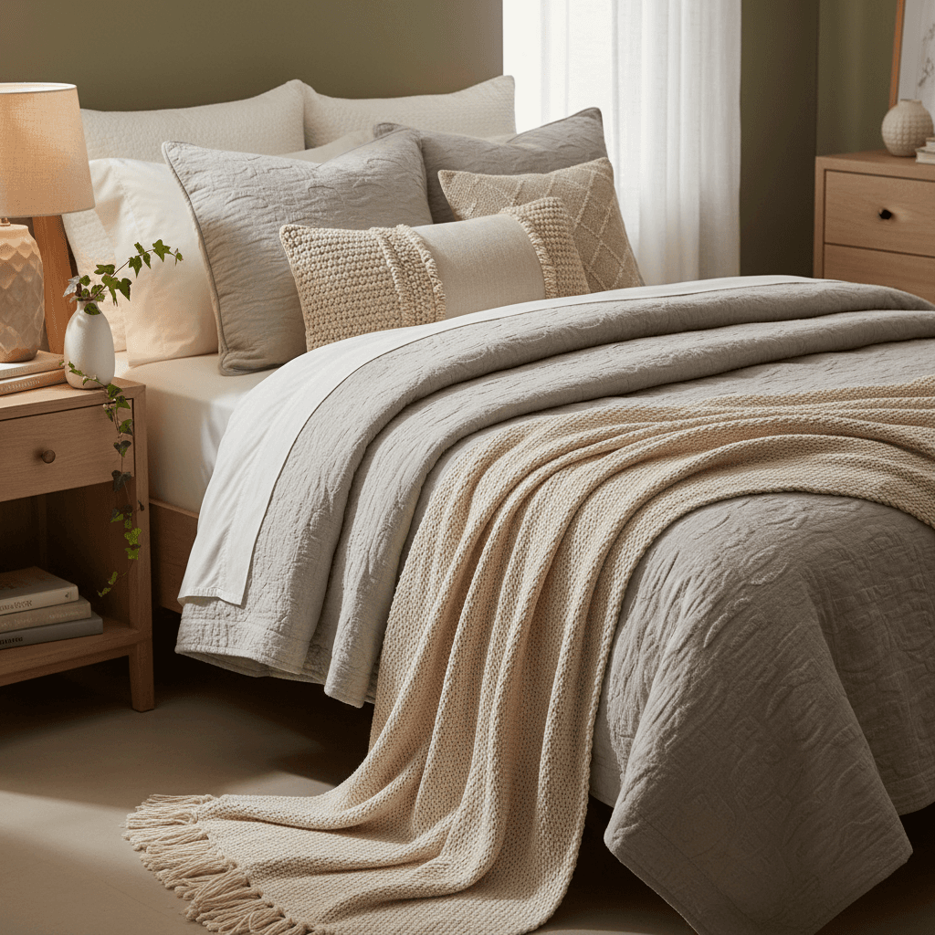 Layered bedding display with textured throws and pillows