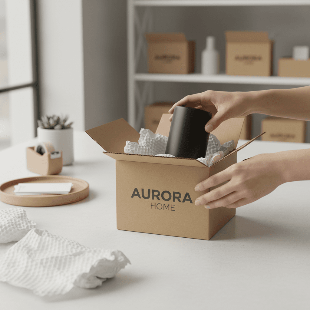 Packing a wrapped ceramic vase into a cardboard delivery box