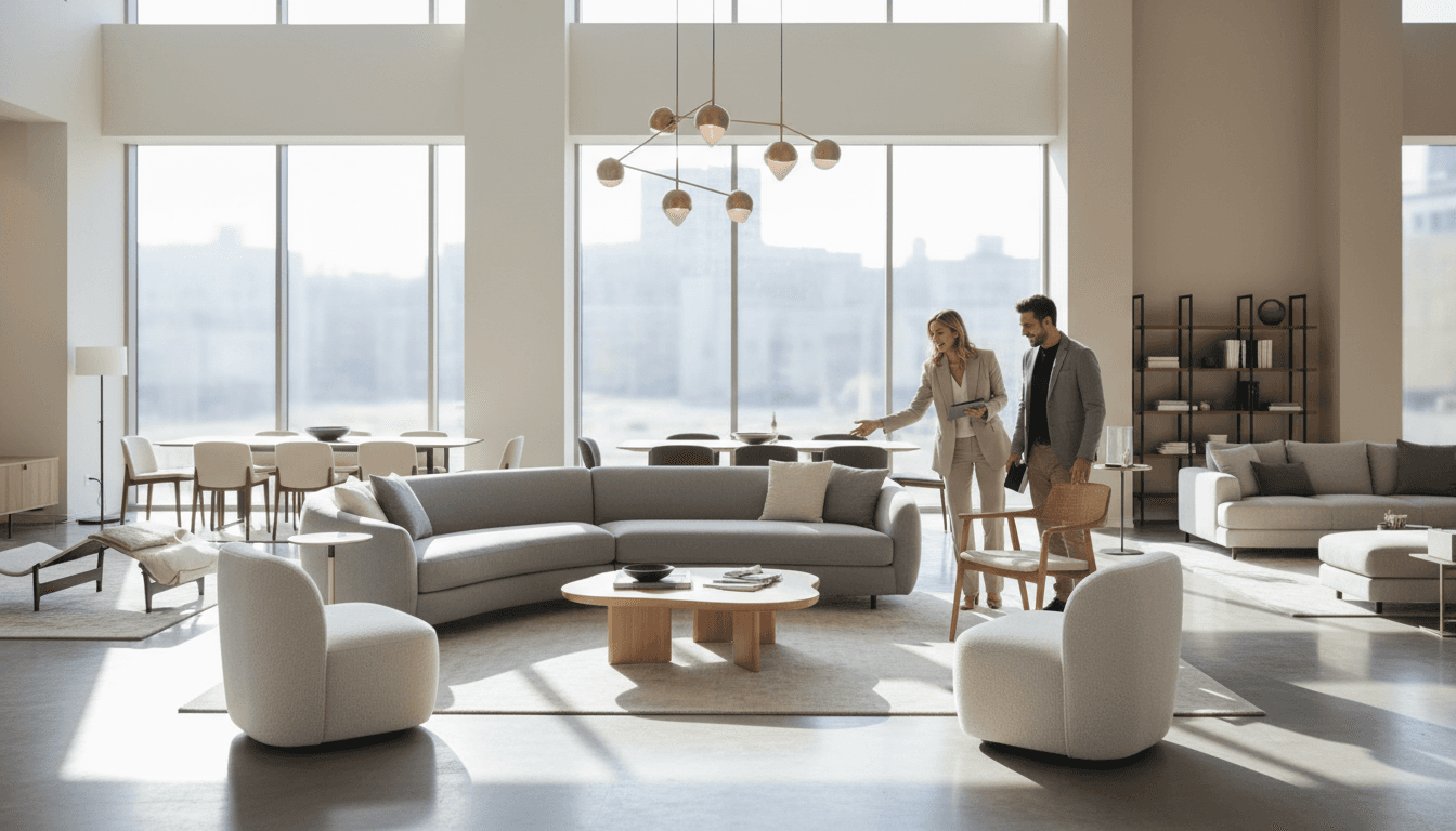 Modern showroom displaying curated contemporary furniture with designer consulting clients about interior design solutions
