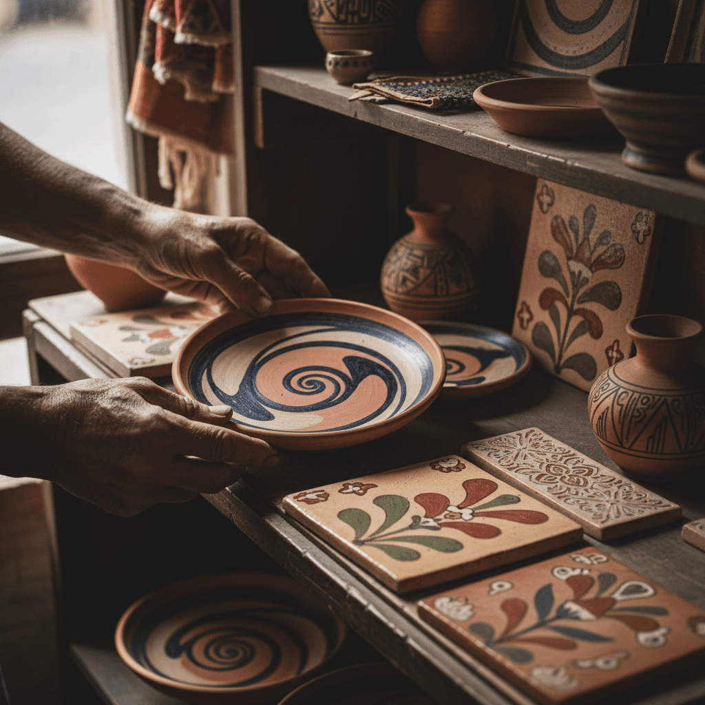 Collection of hand-finished decorative objects on a shelf in a home goods store