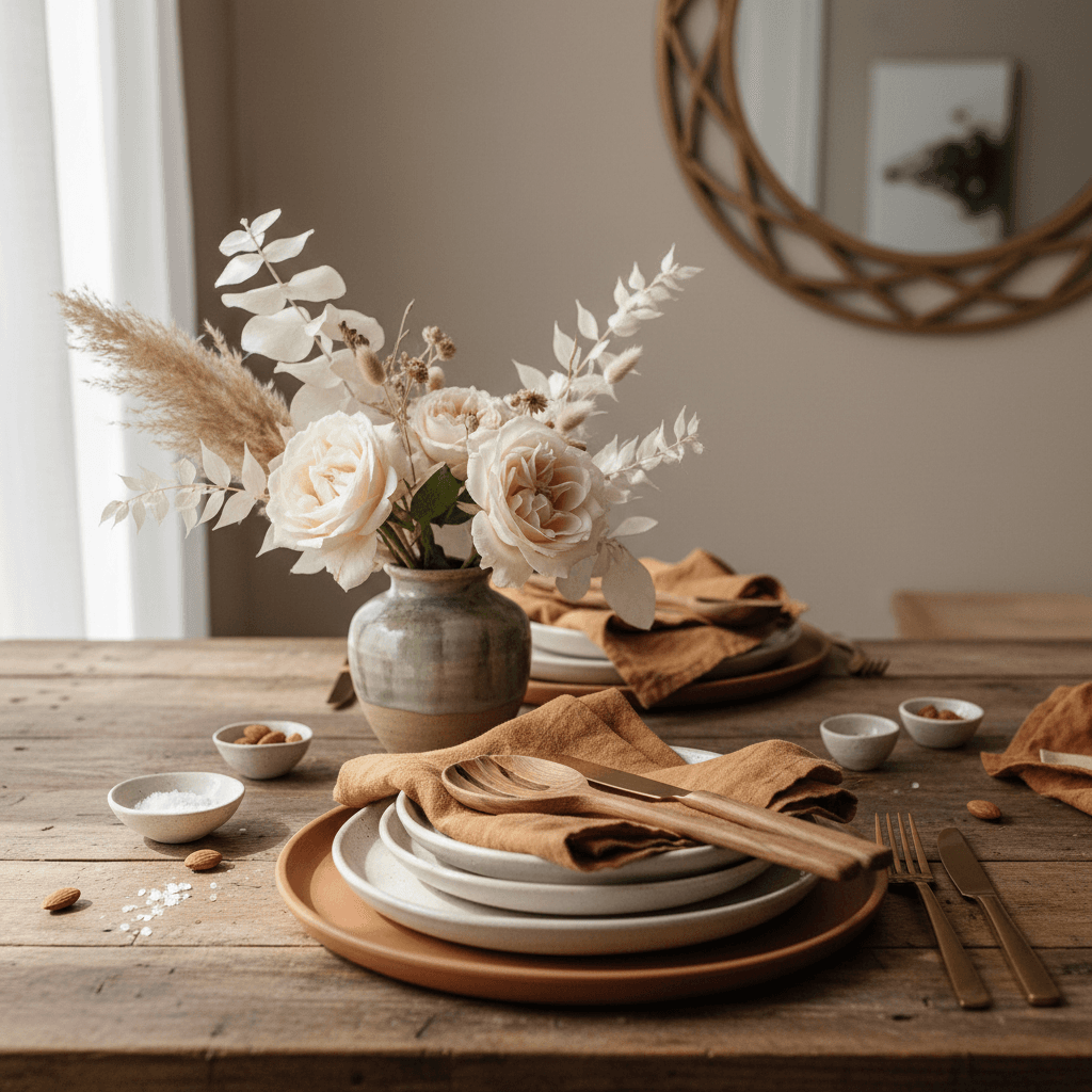 Handmade stoneware tableware arranged on a dining table