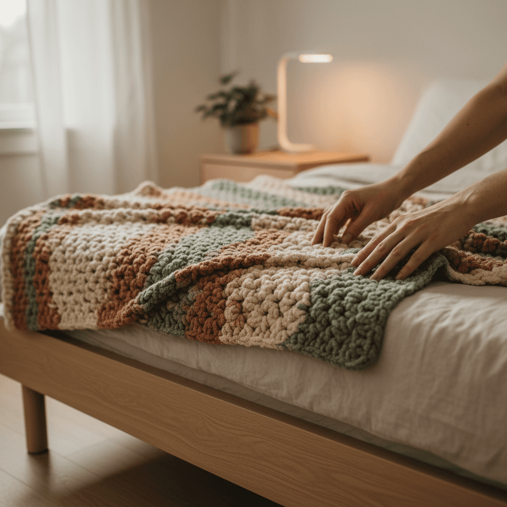 Hands inspecting the edge of a folded cotton throw blanket