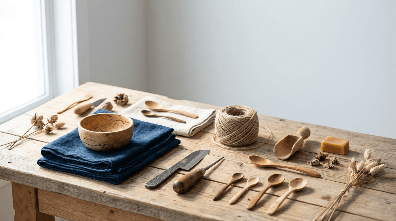 Woven baskets and folded throws displayed on a workbench