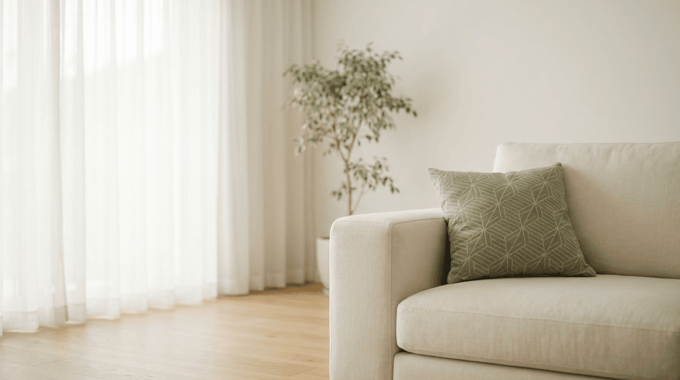 Linen throw pillows and knit blanket arranged on a white sofa
