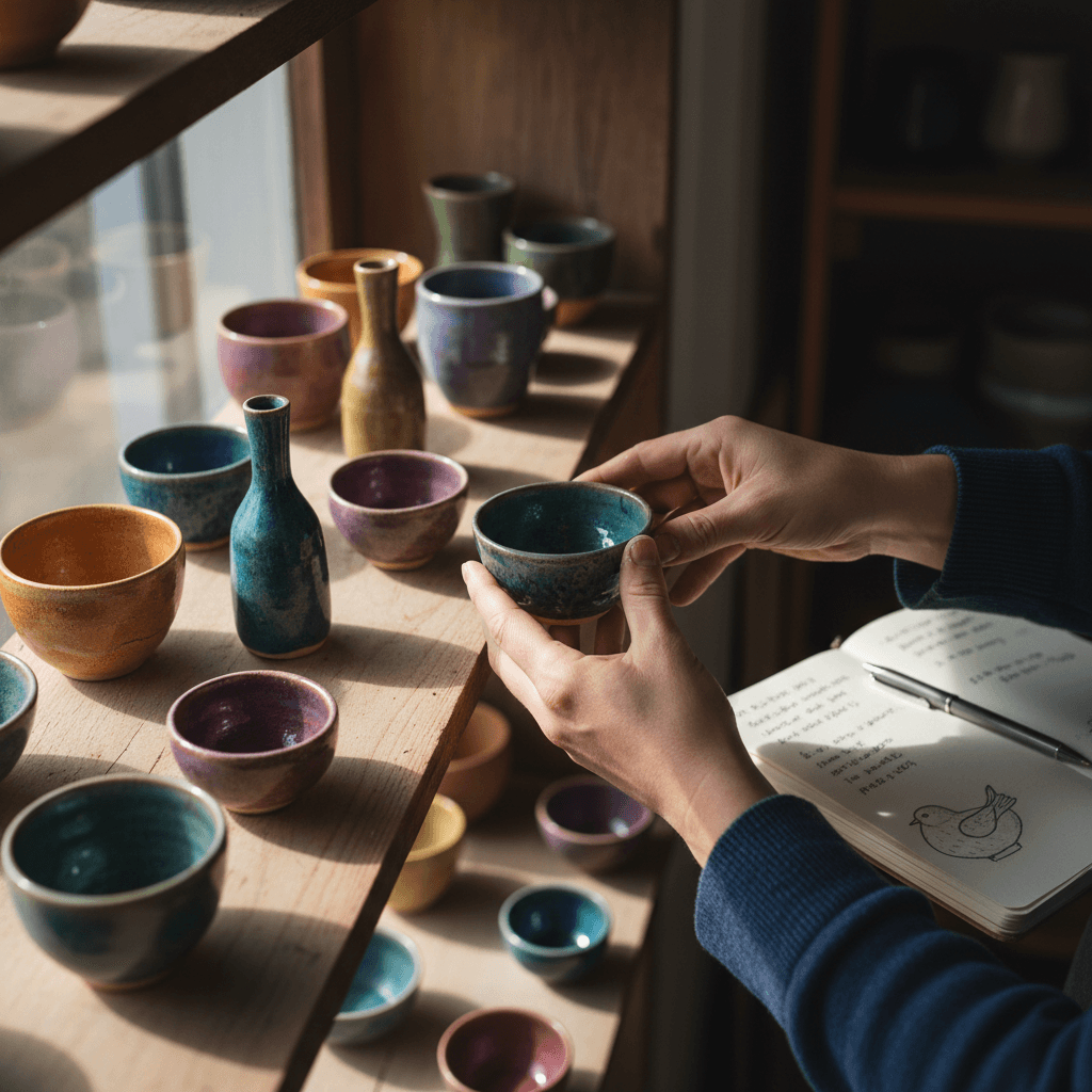 Hands placing a ceramic vase on a wooden shelf full of home decor