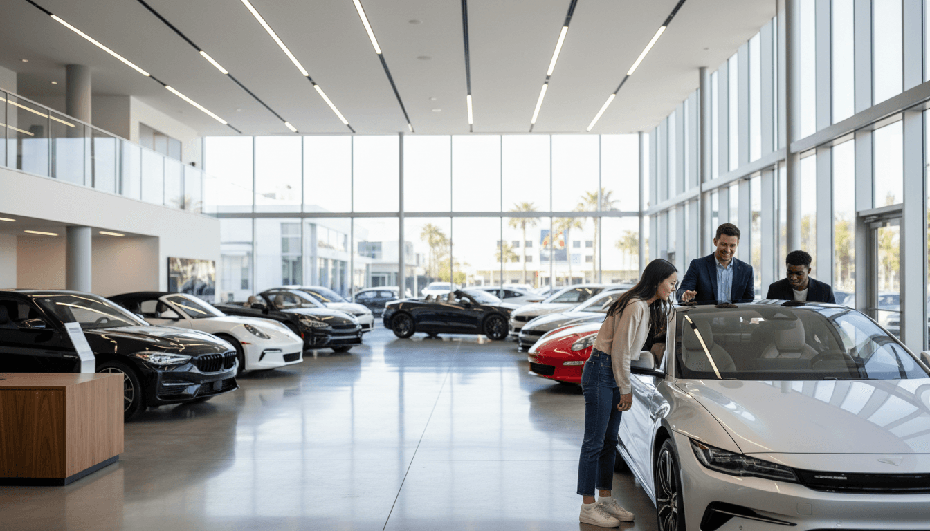 Sales consultant gesturing welcomingly to a diverse couple browsing vehicles in a bright, modern automotive showroom with multiple cars on display