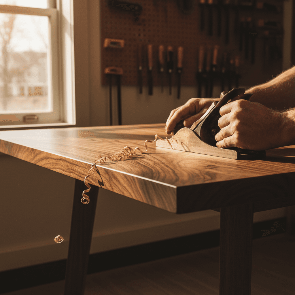 Close-up of dovetail joinery on a solid oak side table corner